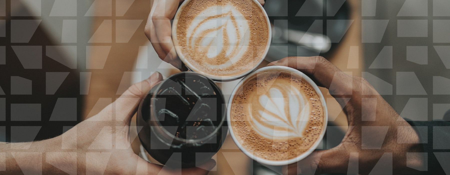 edited graphic of hands pushing their coffee drinks together